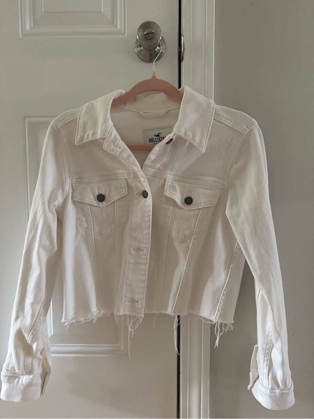 Hollister White Cropped Frayed Hem Denim Jacket